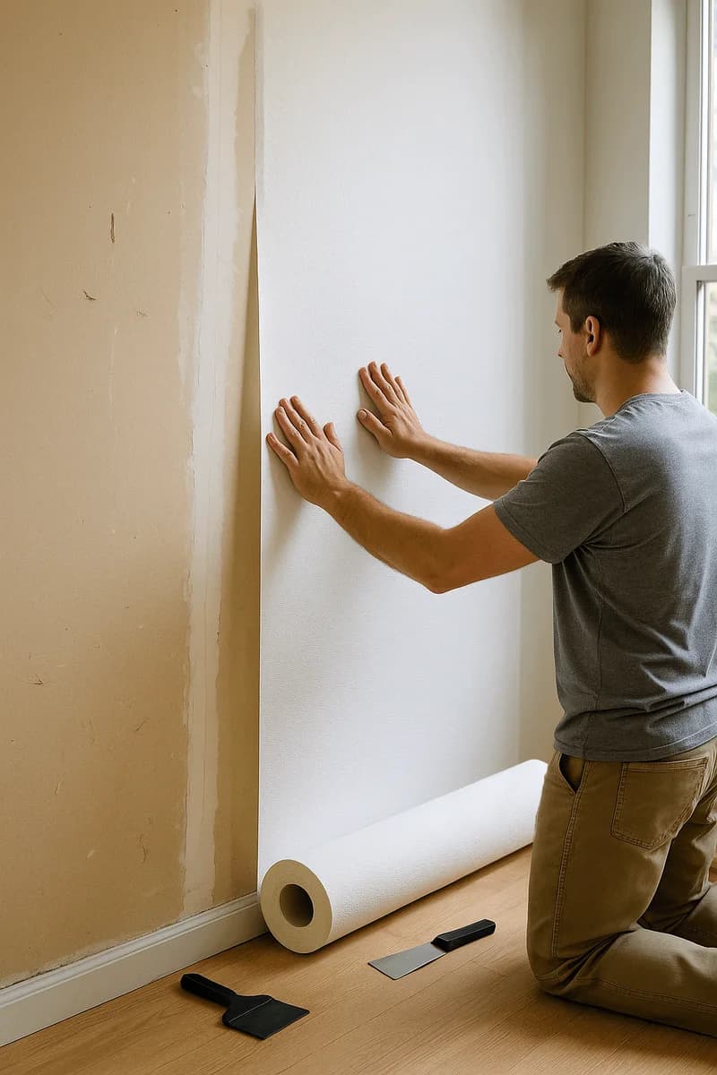 Installer smoothing a Texturglas wallcovering strip onto a wall.