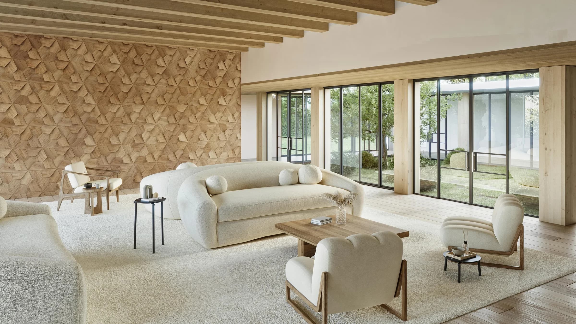 Sunlit living room with a Duchateau Motif Blume natural oak wall.