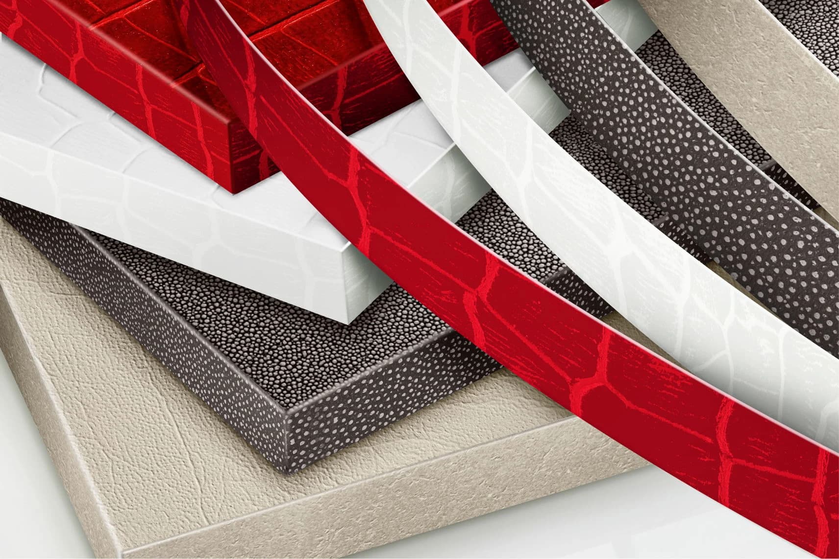Red crocodile, white crocodile and shagreen edgeband over matching leather panels.
