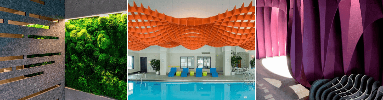 A collage of Ezobord acoustic applications, including wall panels, ceiling systems, and sculptural seating in vivid colors.