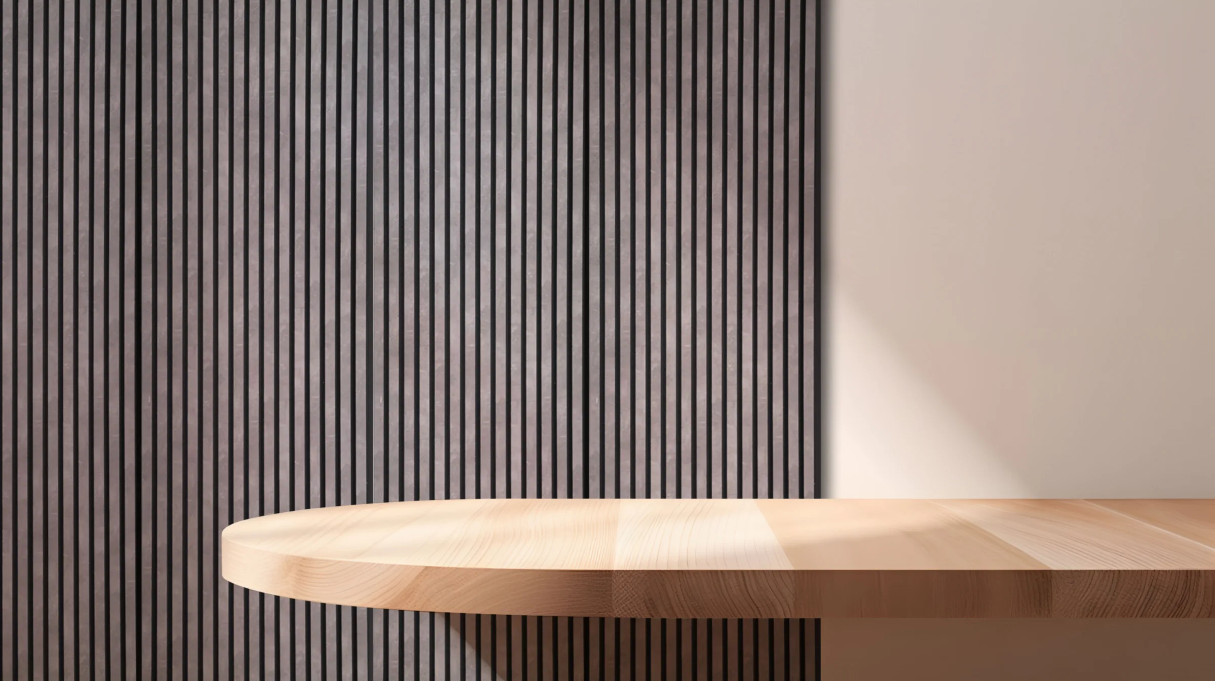 Dark Akupanel Profile Wrap slats on a wall behind a round wood table.