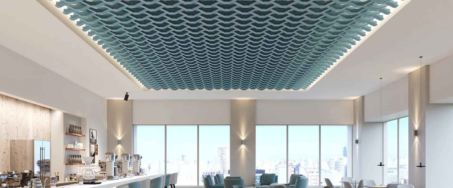 Ezobord Amplitude baffles rippling across a lobby ceiling.