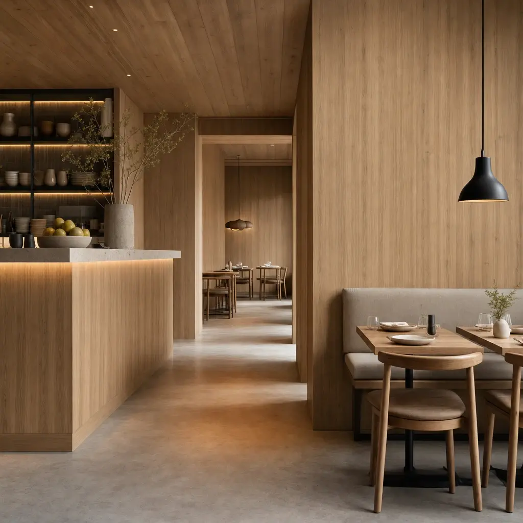 Interlam Barnwood Classic Oak veneer on the walls and counter of a Scandinavian-style restaurant.