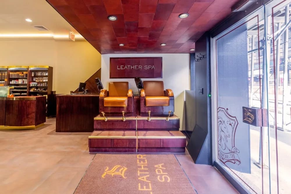 Milano leather tiles at a leather spa entrance.