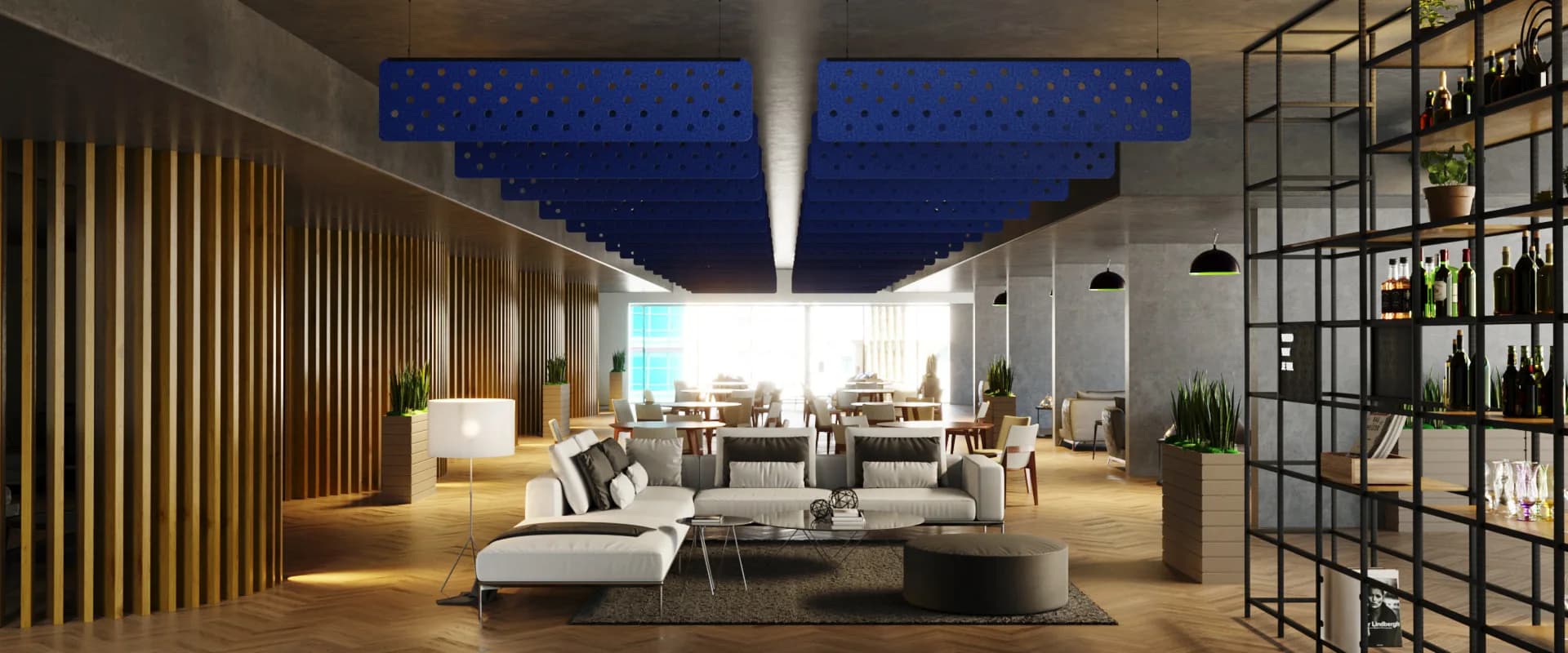 Lounge with blue Ezobord Ceiling Baffles above a long room.