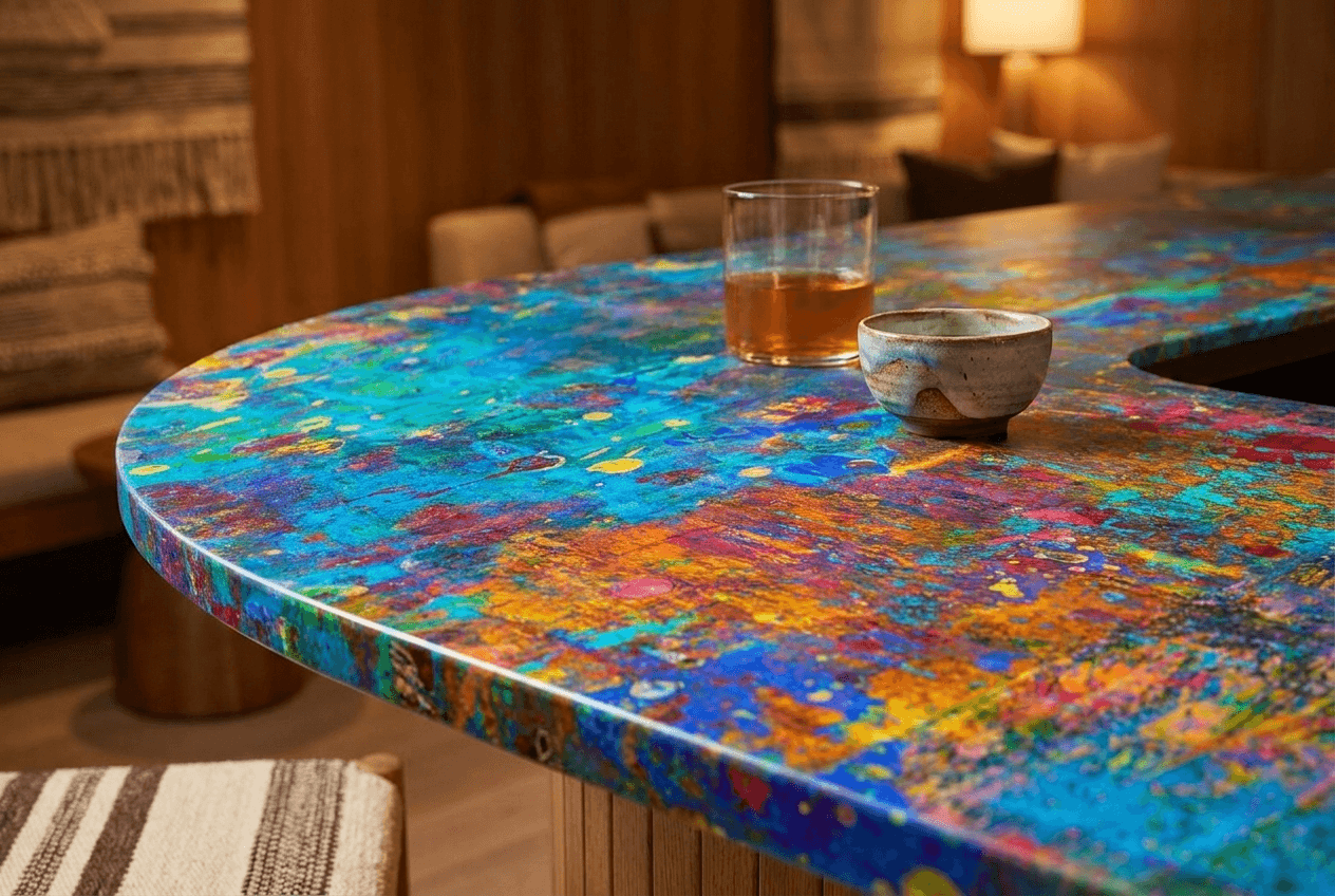 A colorful patterned High-Pressure Laminate tabletop holds a glass and bowl in a warmly lit interior.