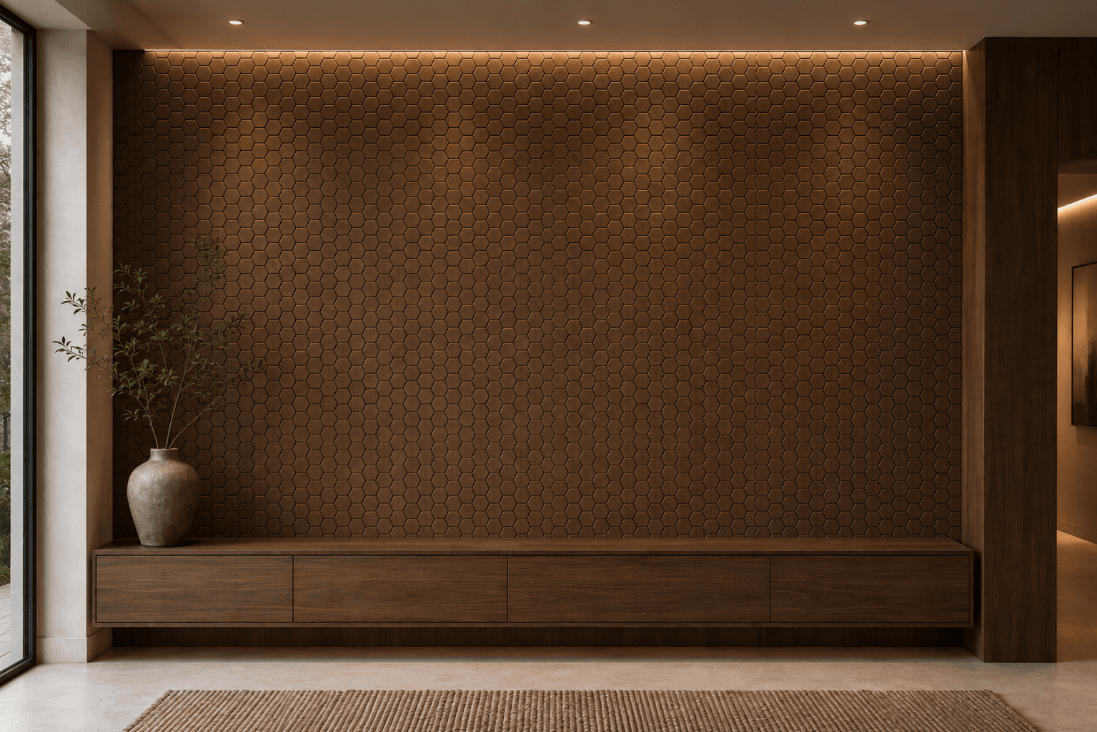 A carved Art Diffusion feature wall in warm brown behind a low wooden bench.