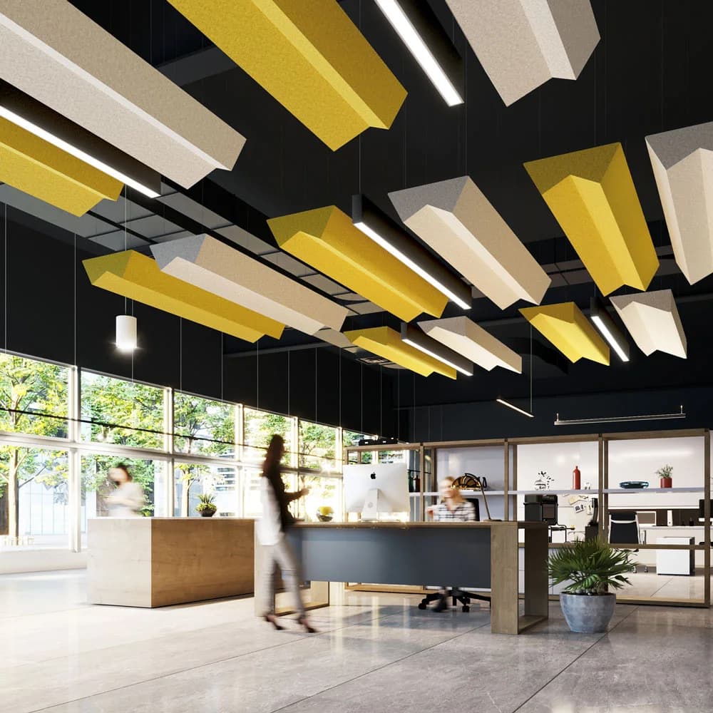 Retail store with yellow Ezobord Summit baffles overhead.