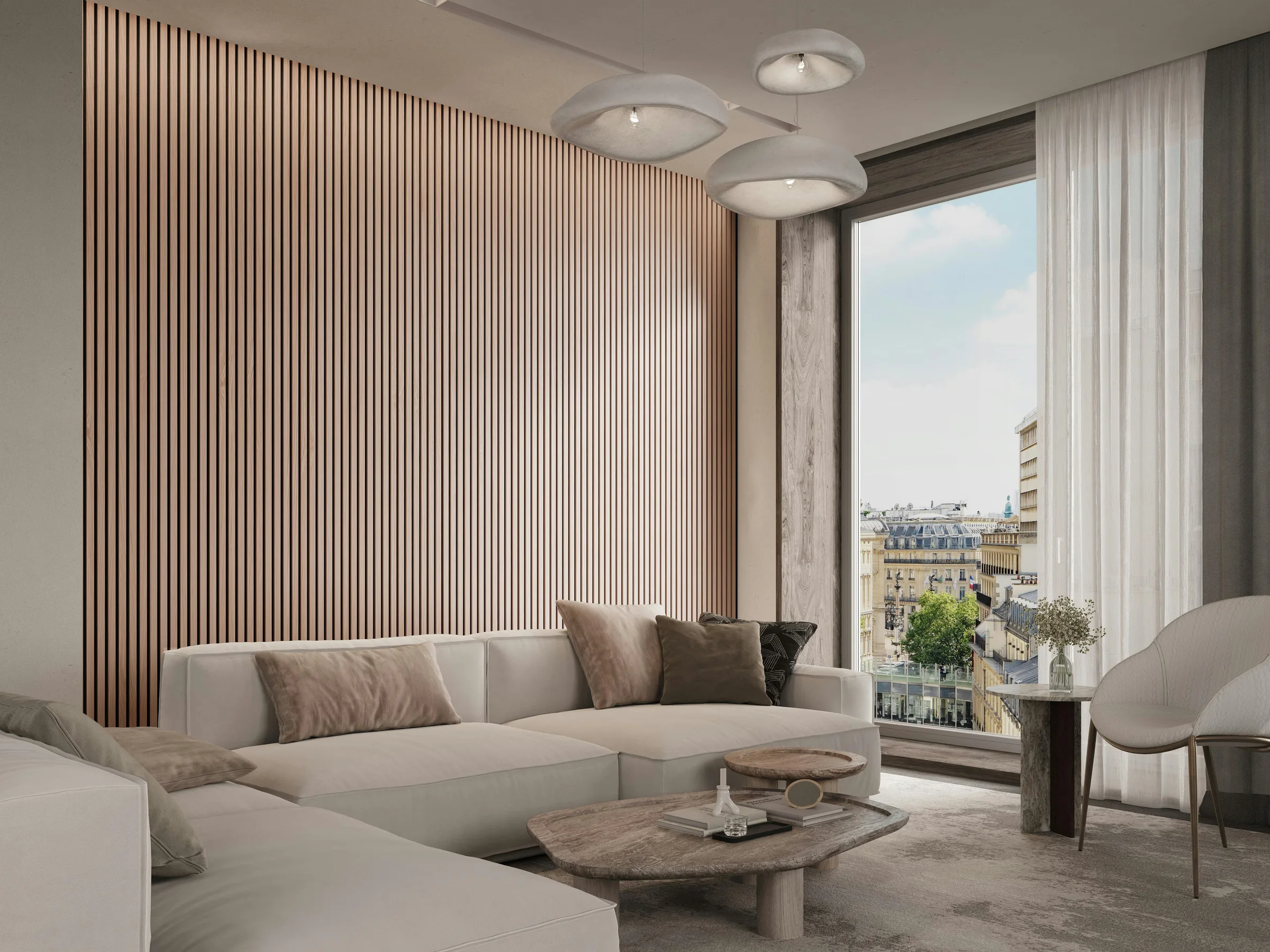Living room wall clad in Duchateau Zen Natural Oak slats beside a tall window.
