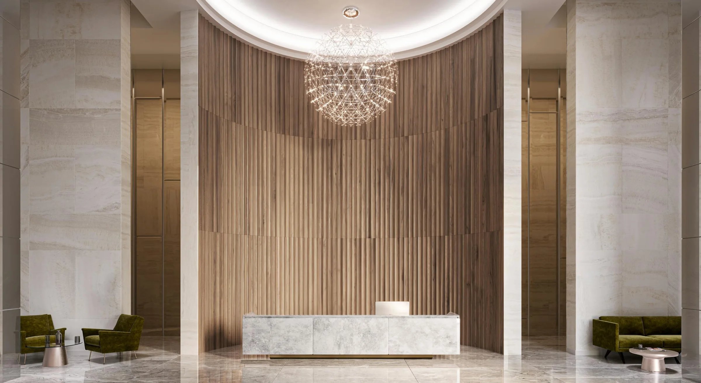 Hotel lobby with a reception wall of Duchateau Moderne fluting under a chandelier.