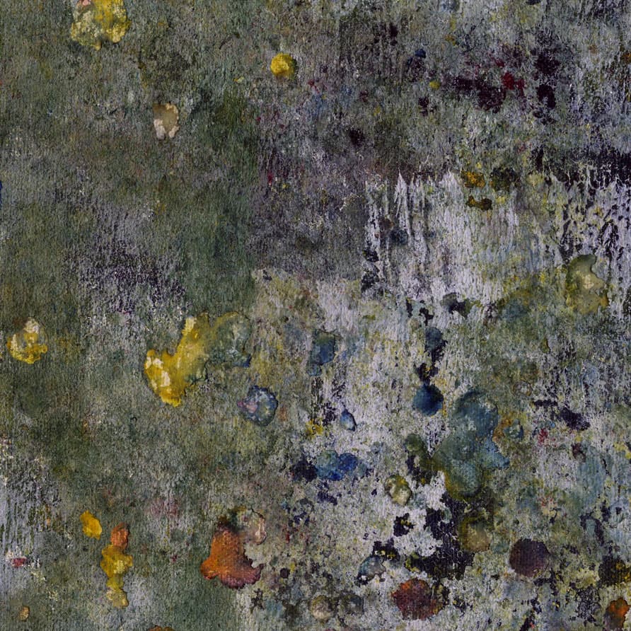 An abstract laminate pattern in balanced neutral and mid-tone hues, defined by layered marks, tonal variation, and restrained visual movement