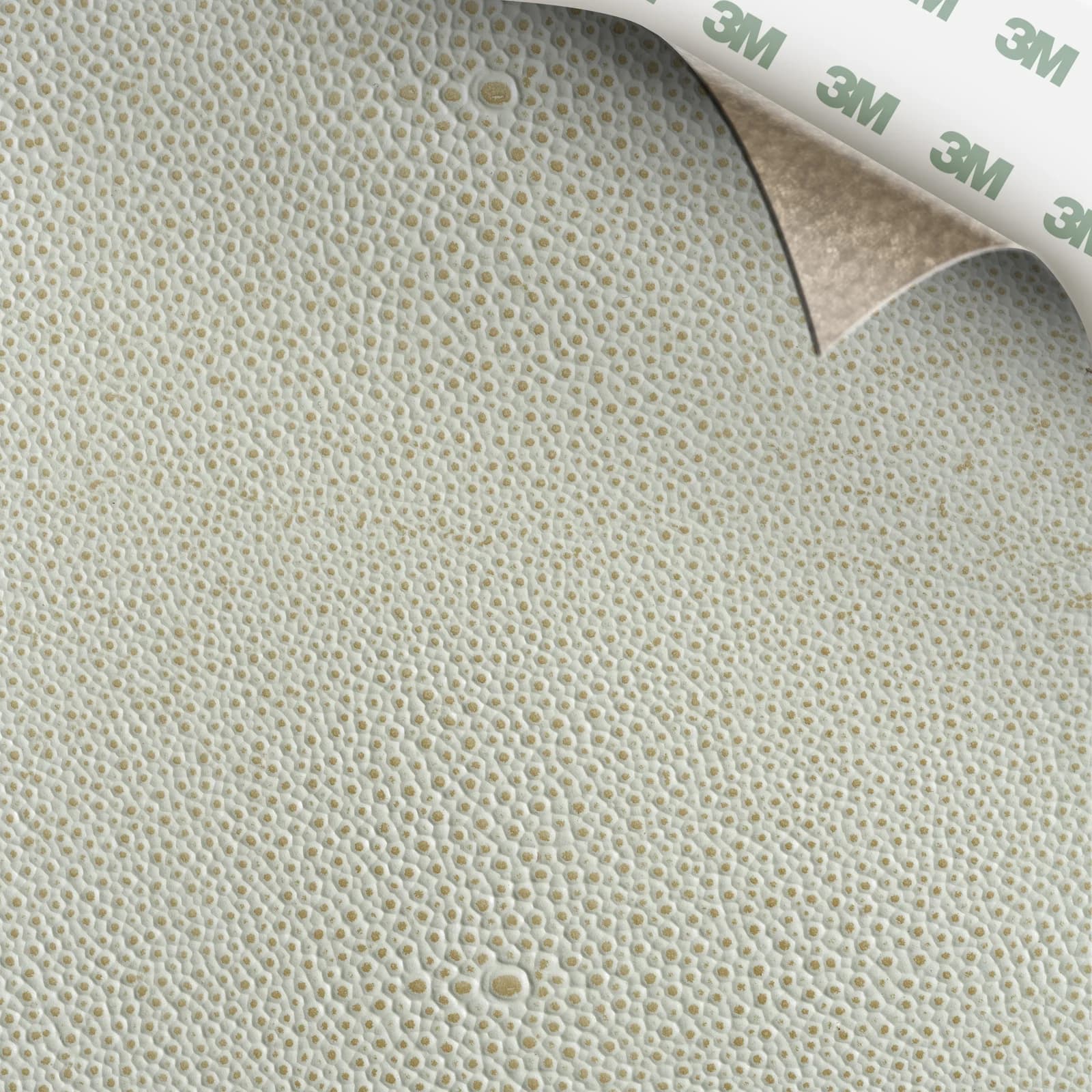 EcoDomo Stratto White Shagreen swatch with the peel-and-stick backing showing.