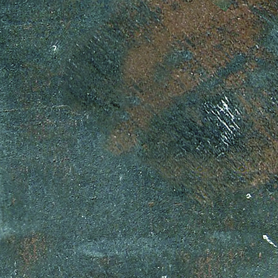 A metal-inspired laminate pattern in teal tones, defined by layered oxidation, brushed variation, and subtle reflective character