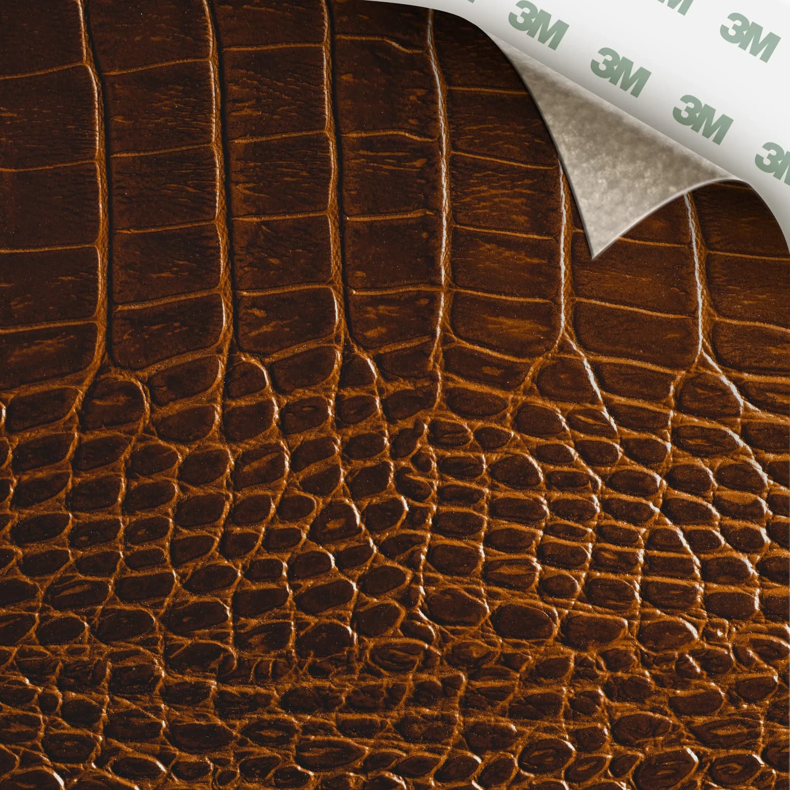 EcoDomo Stratto Mahogany Crocodile swatch with the peel-and-stick backing showing.