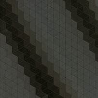 A geometric abstract laminate pattern in black tones, defined by structured lines, repeated forms, and controlled visual rhythm
