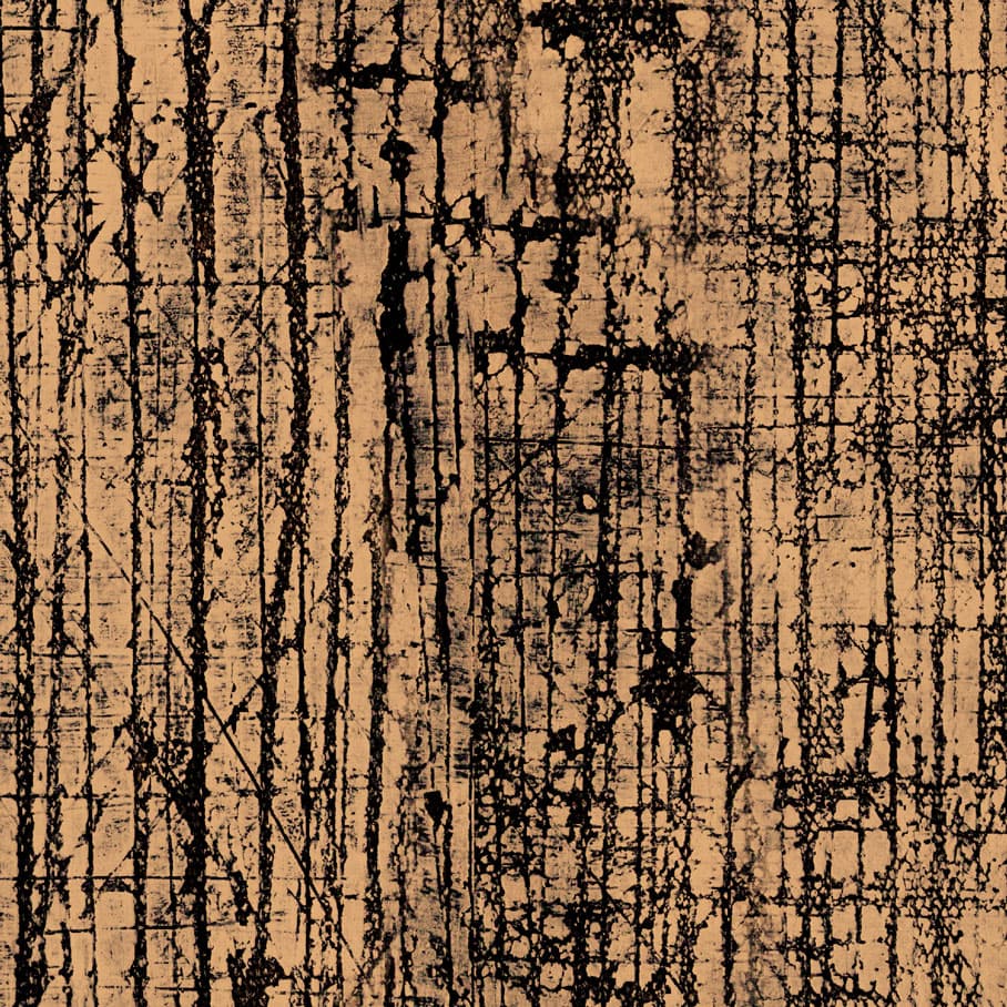 An abstract laminate pattern in balanced neutral and mid-tone hues, defined by layered marks, tonal variation, and restrained visual movement