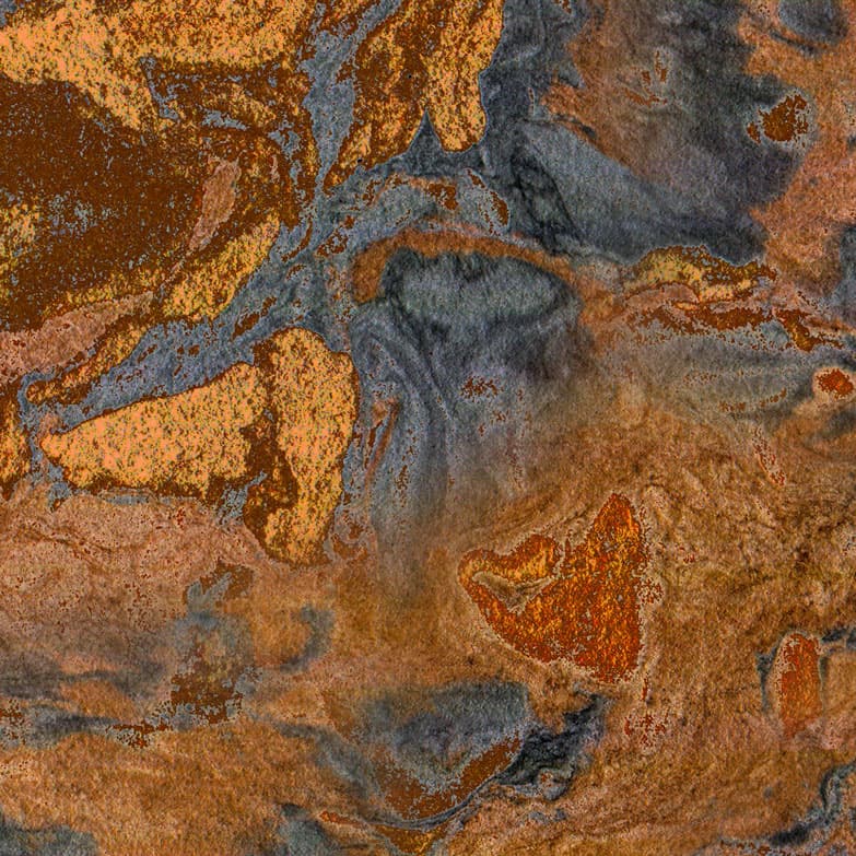An abstract laminate pattern in balanced neutral and mid-tone hues, defined by layered marks, tonal variation, and restrained visual movement