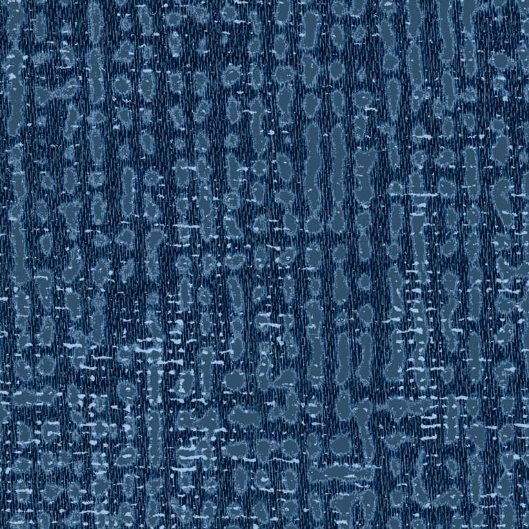 An abstract laminate pattern in blue tones, defined by layered marks, tonal variation, and restrained visual movement