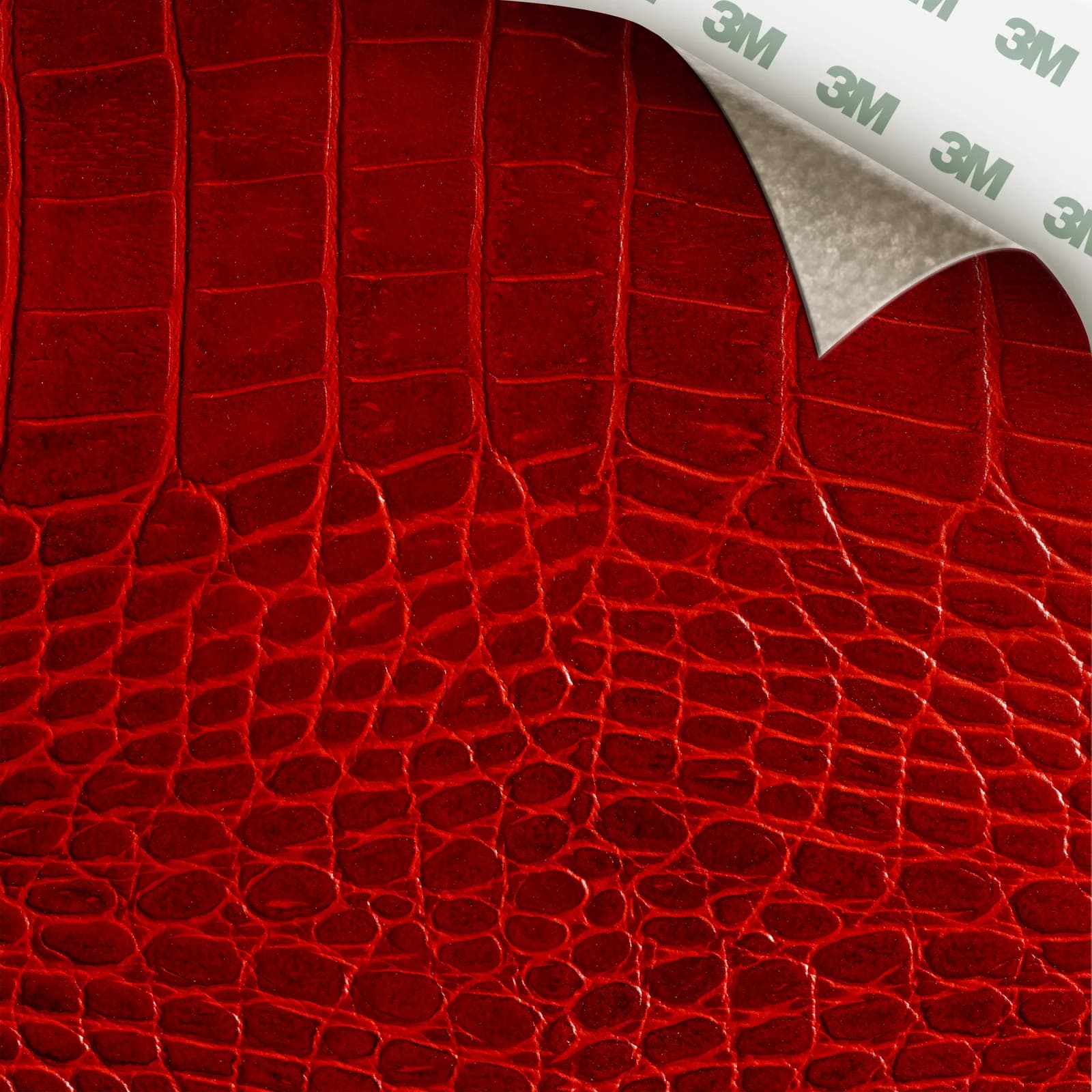 EcoDomo Stratto Fire Crocodile swatch with the peel-and-stick backing showing.