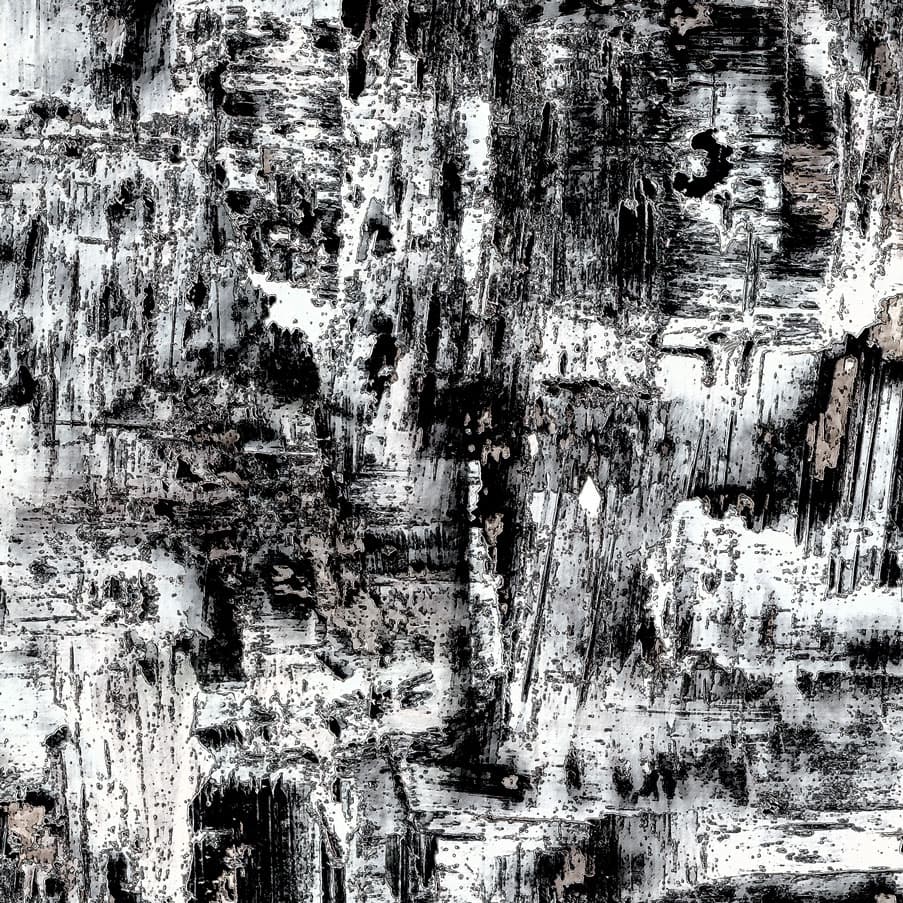 An abstract laminate pattern in balanced neutral and mid-tone hues, defined by layered marks, tonal variation, and restrained visual movement