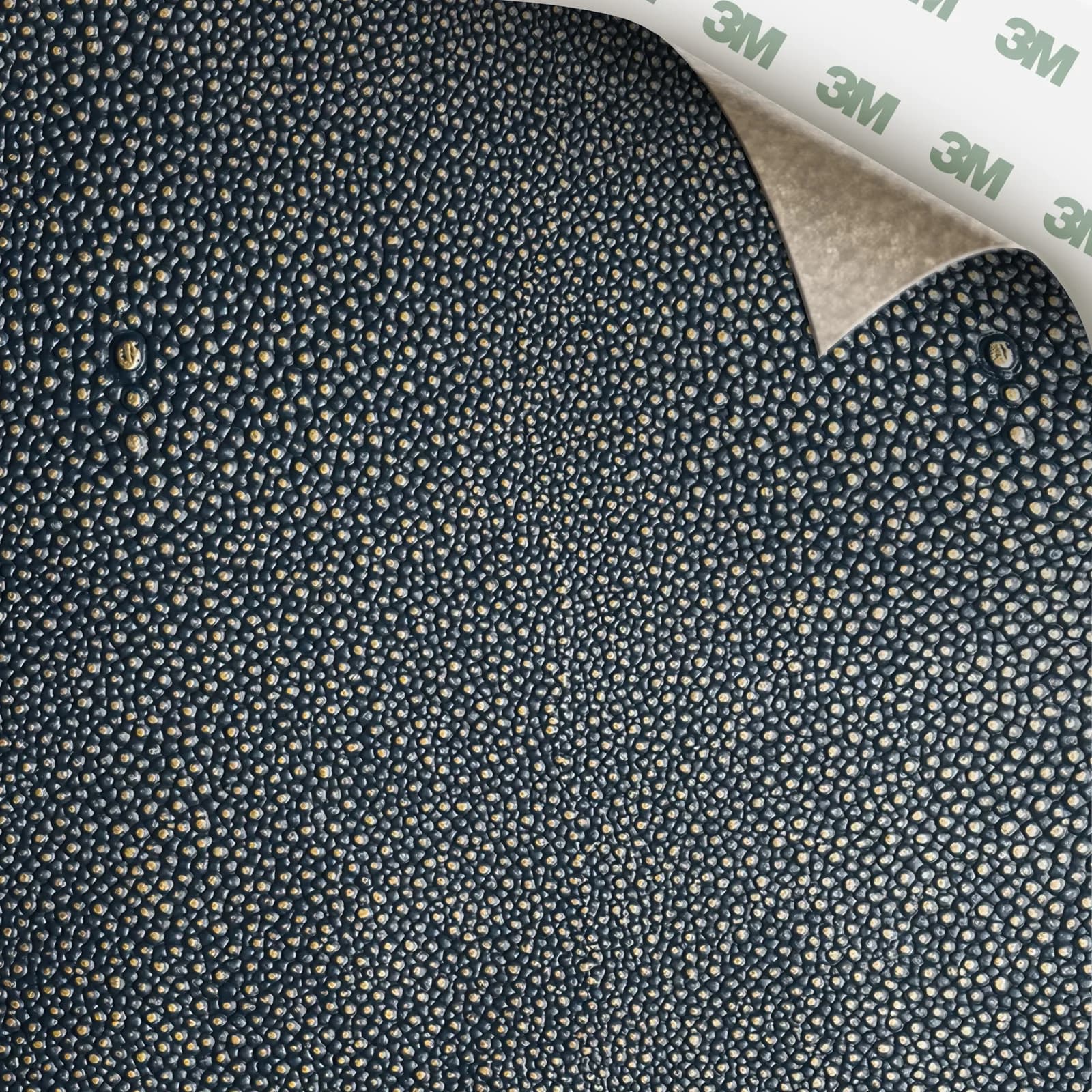 EcoDomo Stratto Newburyport Blue Shagreen swatch with the peel-and-stick backing showing.