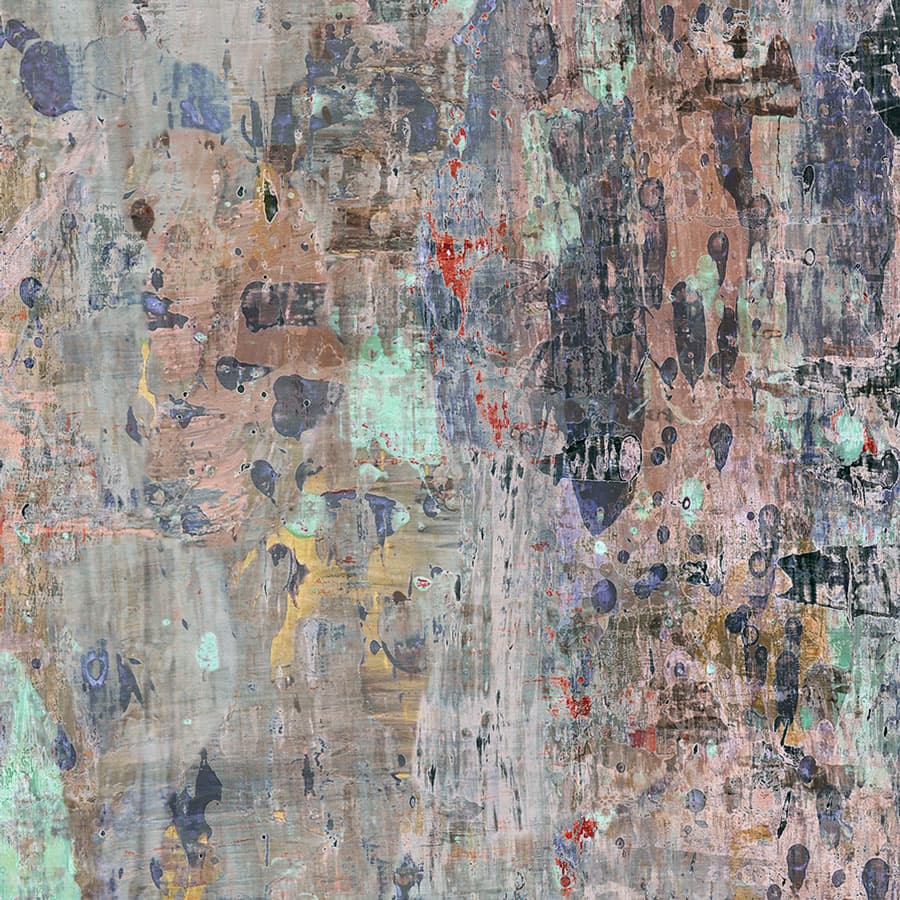 An abstract laminate pattern in balanced neutral and mid-tone hues, defined by layered marks, tonal variation, and restrained visual movement