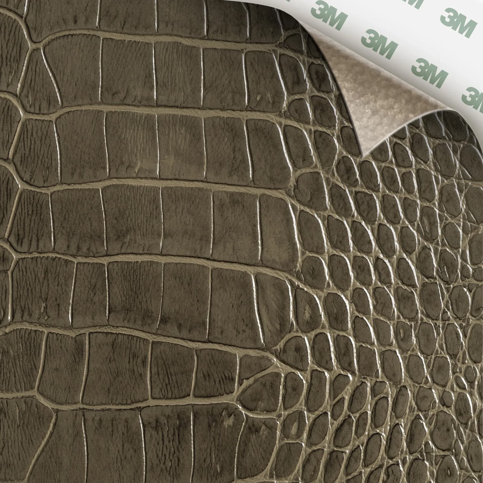 EcoDomo Stratto Antique Grey Crocodile swatch with the peel-and-stick backing showing.