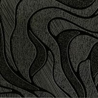 An abstract laminate pattern in black tones, defined by layered marks, tonal variation, and restrained visual movement