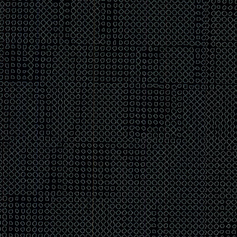 An abstract laminate pattern in black tones, defined by layered marks, tonal variation, and restrained visual movement