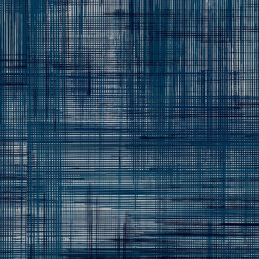 A geometric abstract laminate pattern in blue tones, defined by structured lines, repeated forms, and controlled visual rhythm