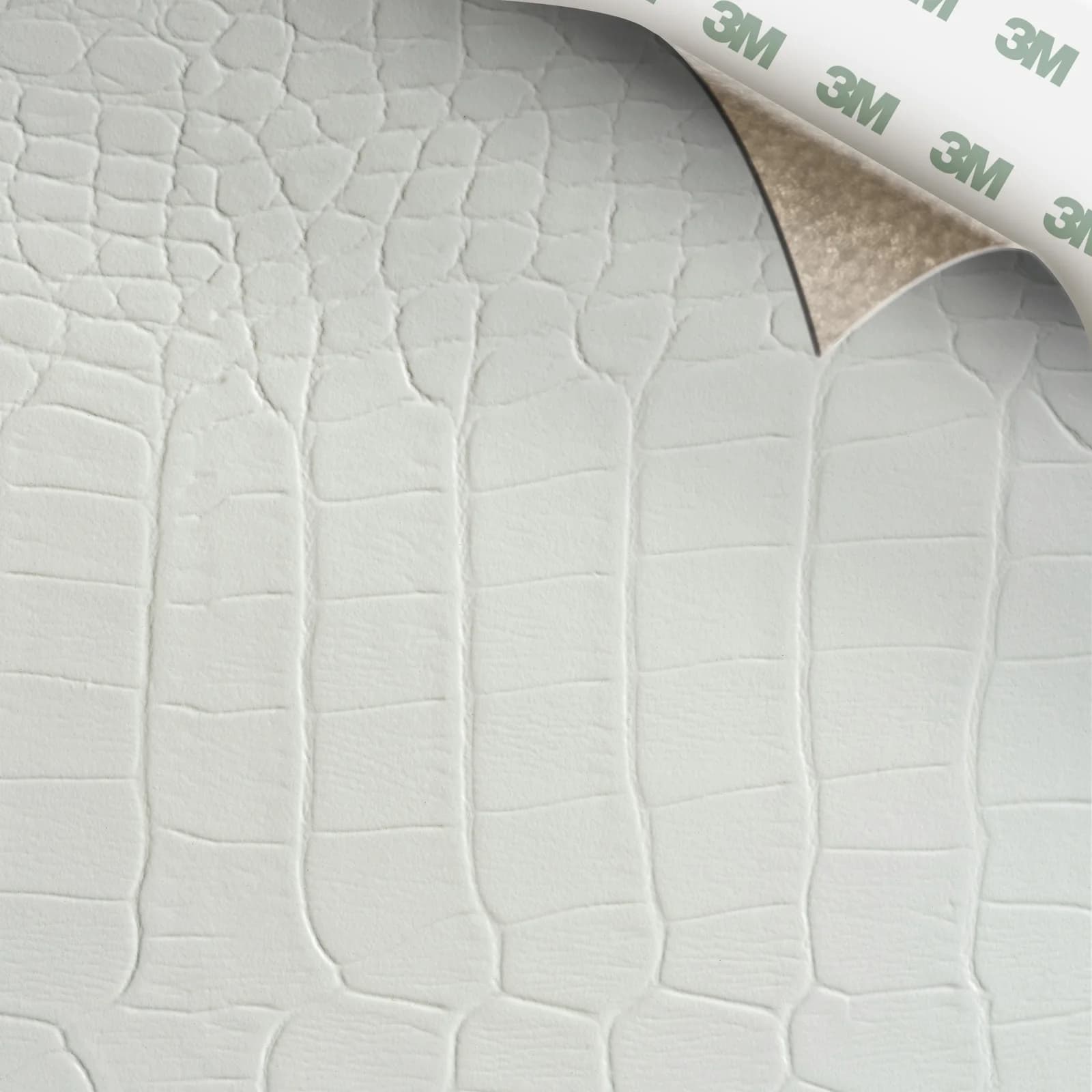 EcoDomo Stratto Bright White Crocodile swatch with the peel-and-stick backing showing.