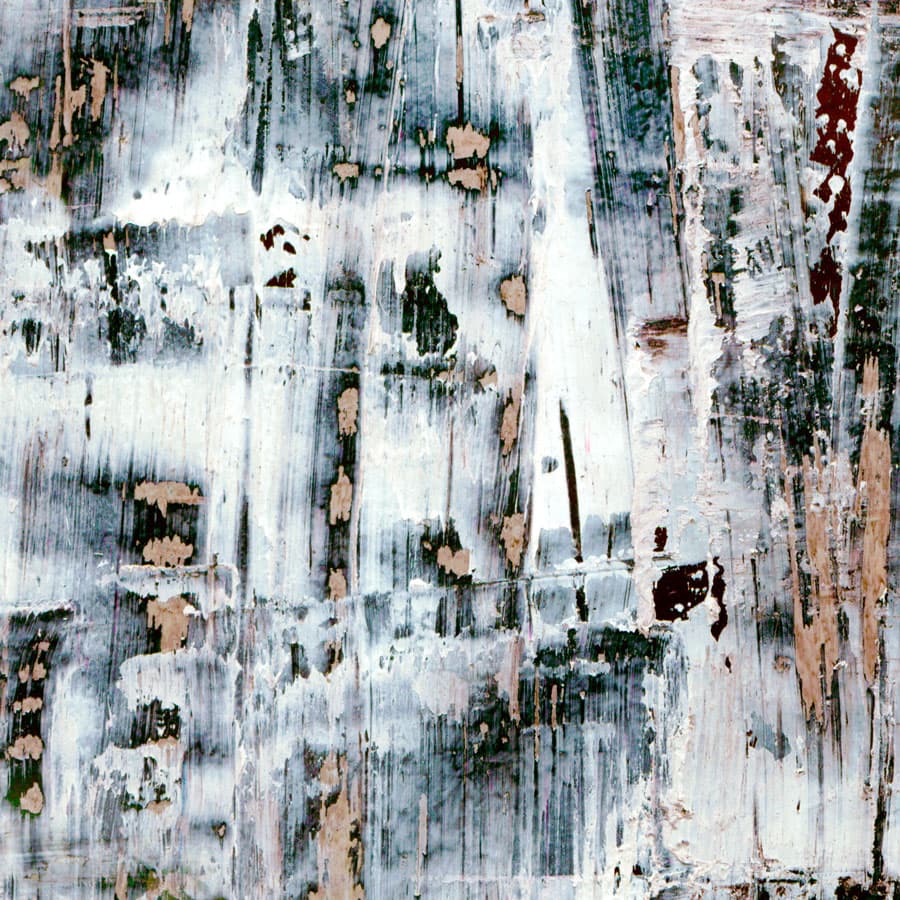 An abstract laminate pattern in balanced neutral and mid-tone hues, defined by layered marks, tonal variation, and restrained visual movement