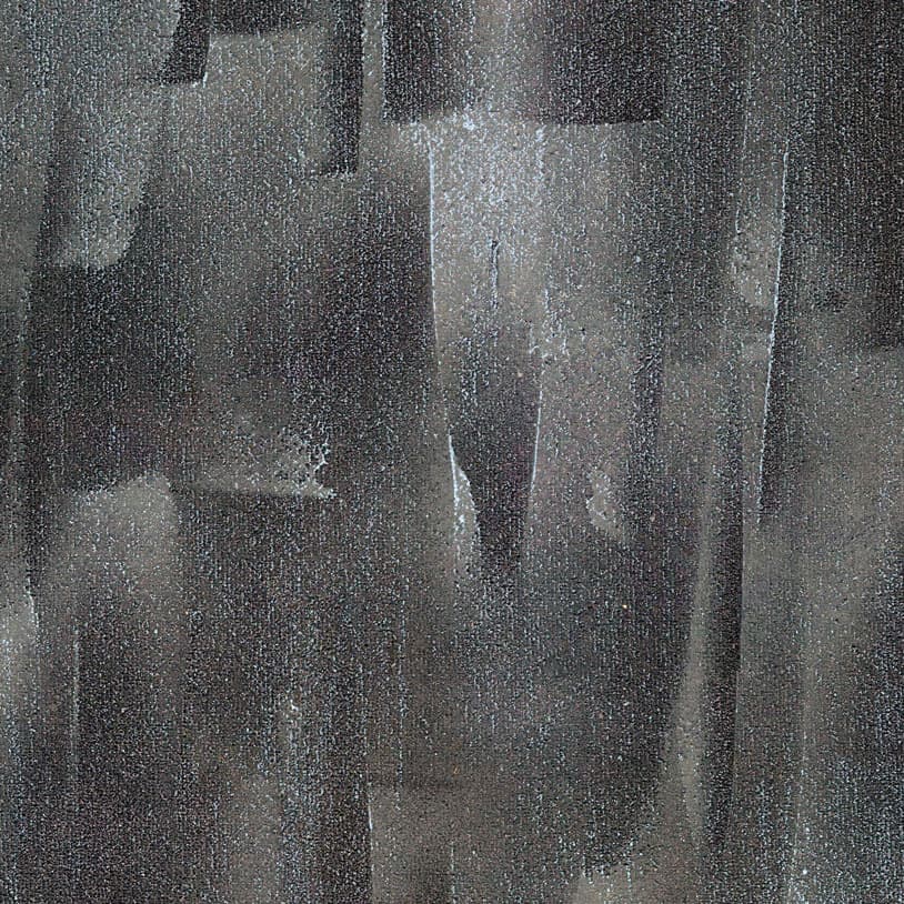 An abstract laminate pattern in gray tones, defined by layered marks, tonal variation, and restrained visual movement